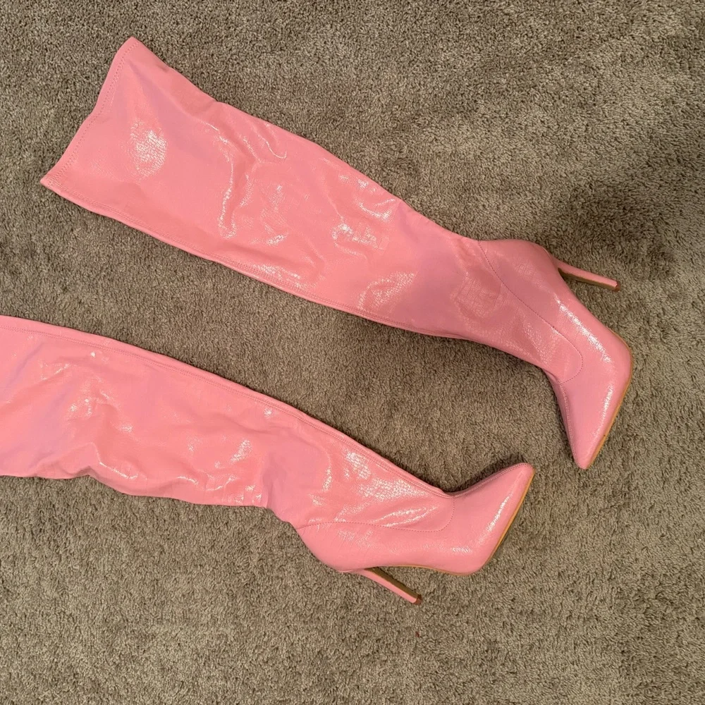 Pink Patent Over-the-Knee Stiletto Boots - Women's Fashion Knee-High